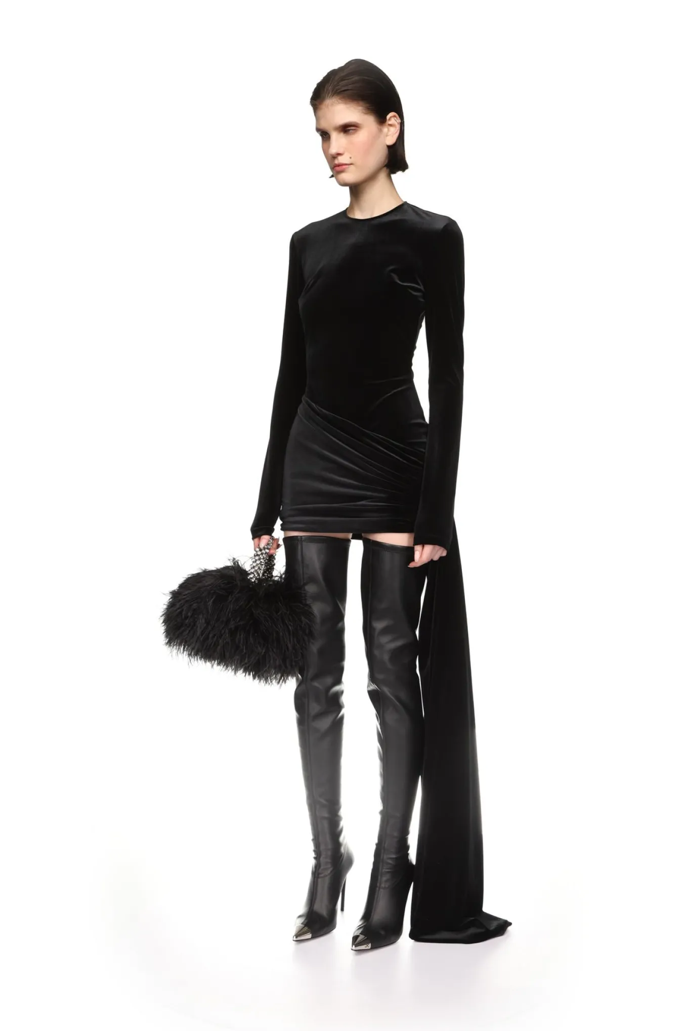 ASYMMETRIC HEM VELVET MINI DRESS