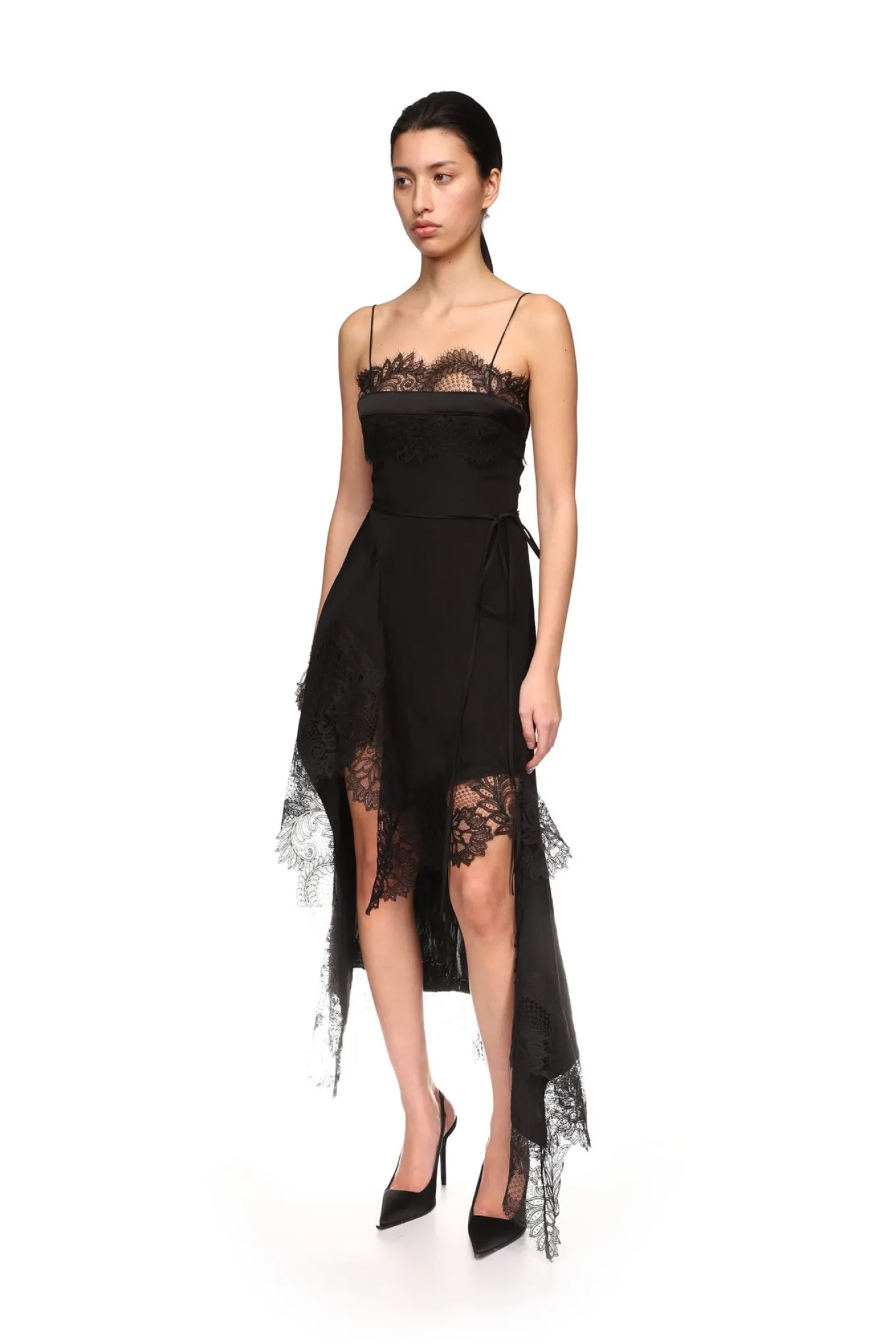 ASYMMETRIC LACE HEM MIDI DRESS