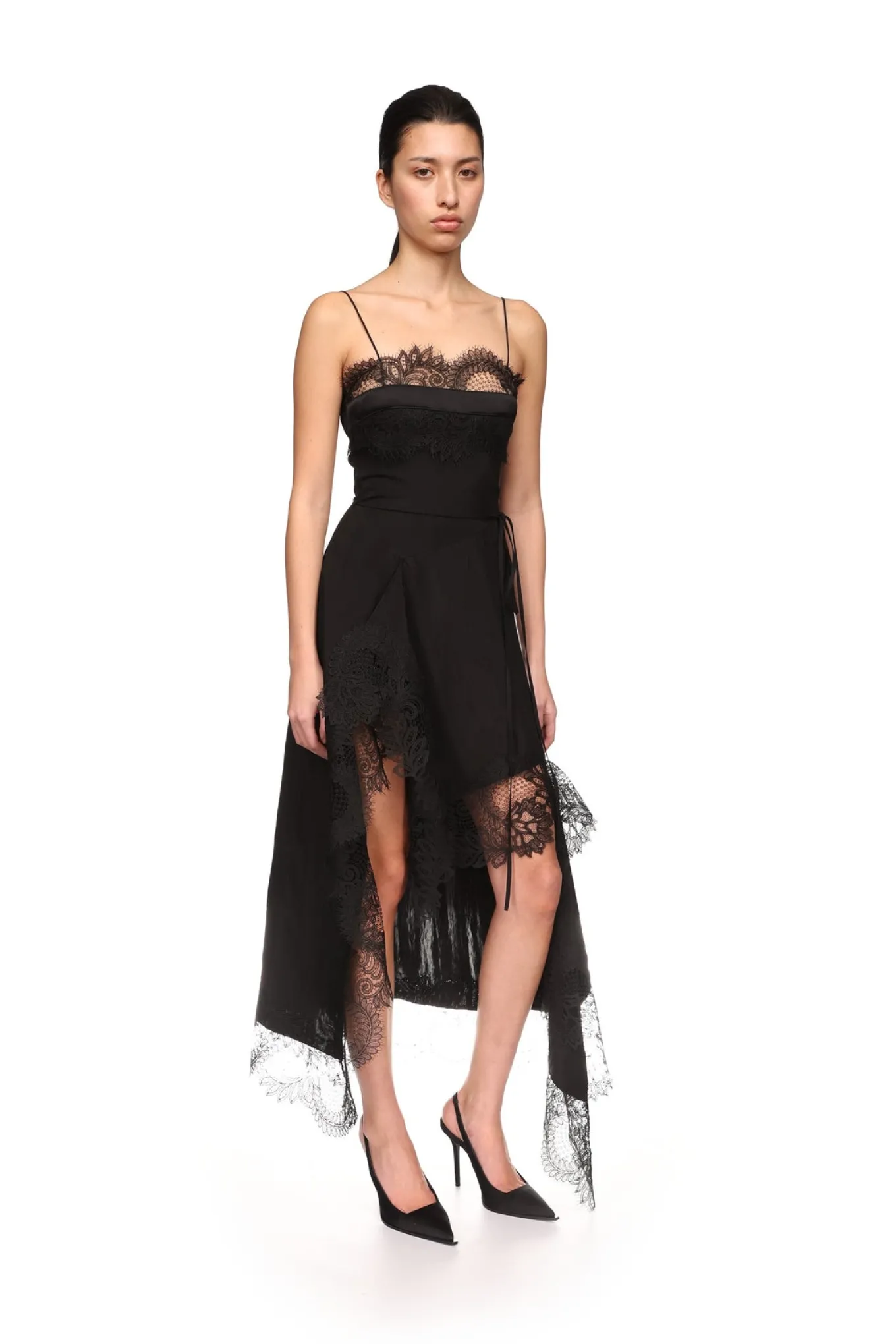 ASYMMETRIC LACE HEM MIDI DRESS
