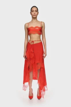 ASYMMETRIC LACE HEM MIDI SKIRT