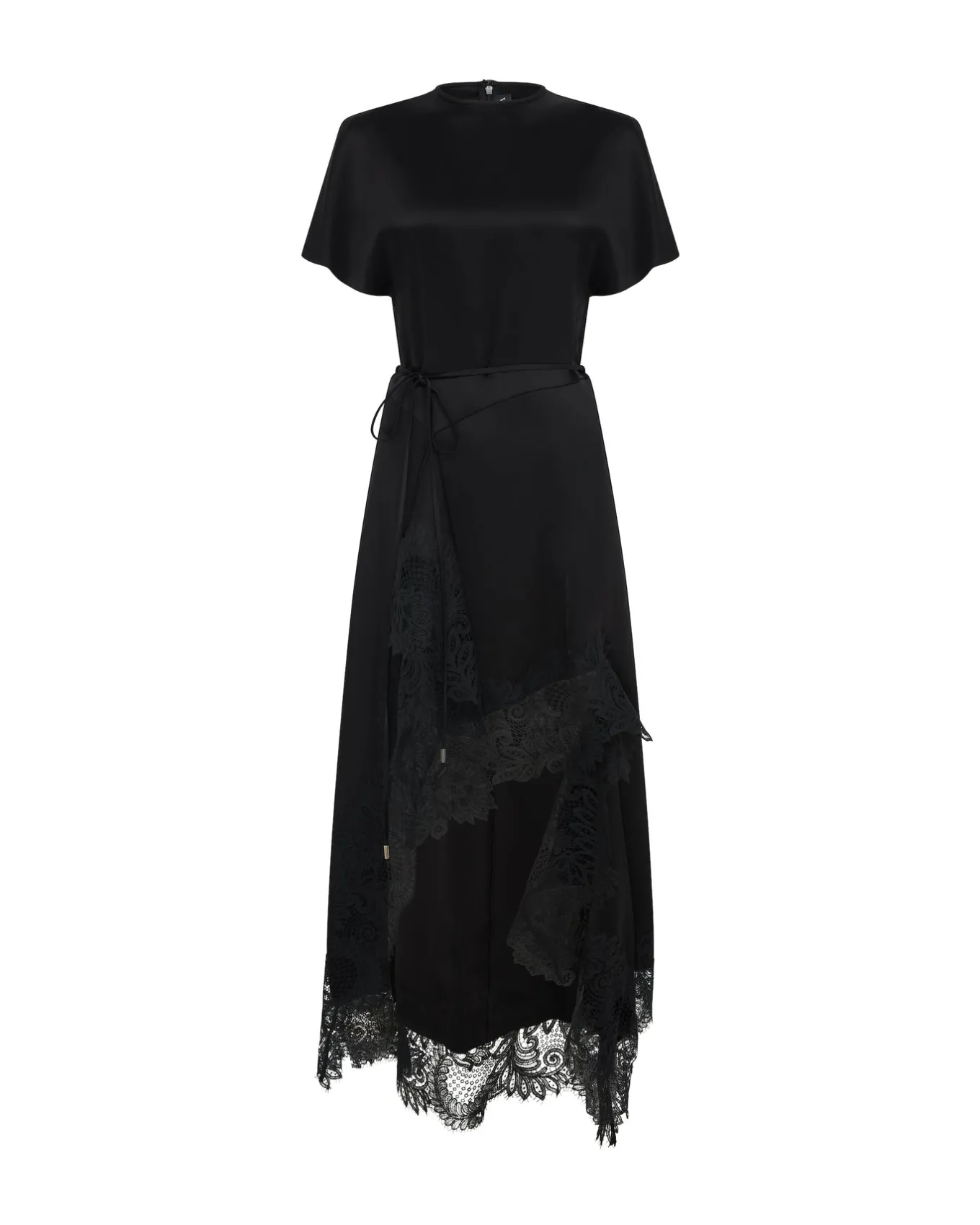 ASYMMETRIC LACE HEM SATIN MIDI DRESS