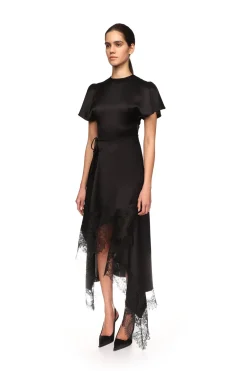 ASYMMETRIC LACE HEM SATIN MIDI DRESS