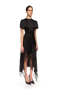 ASYMMETRIC LACE HEM SATIN MIDI DRESS