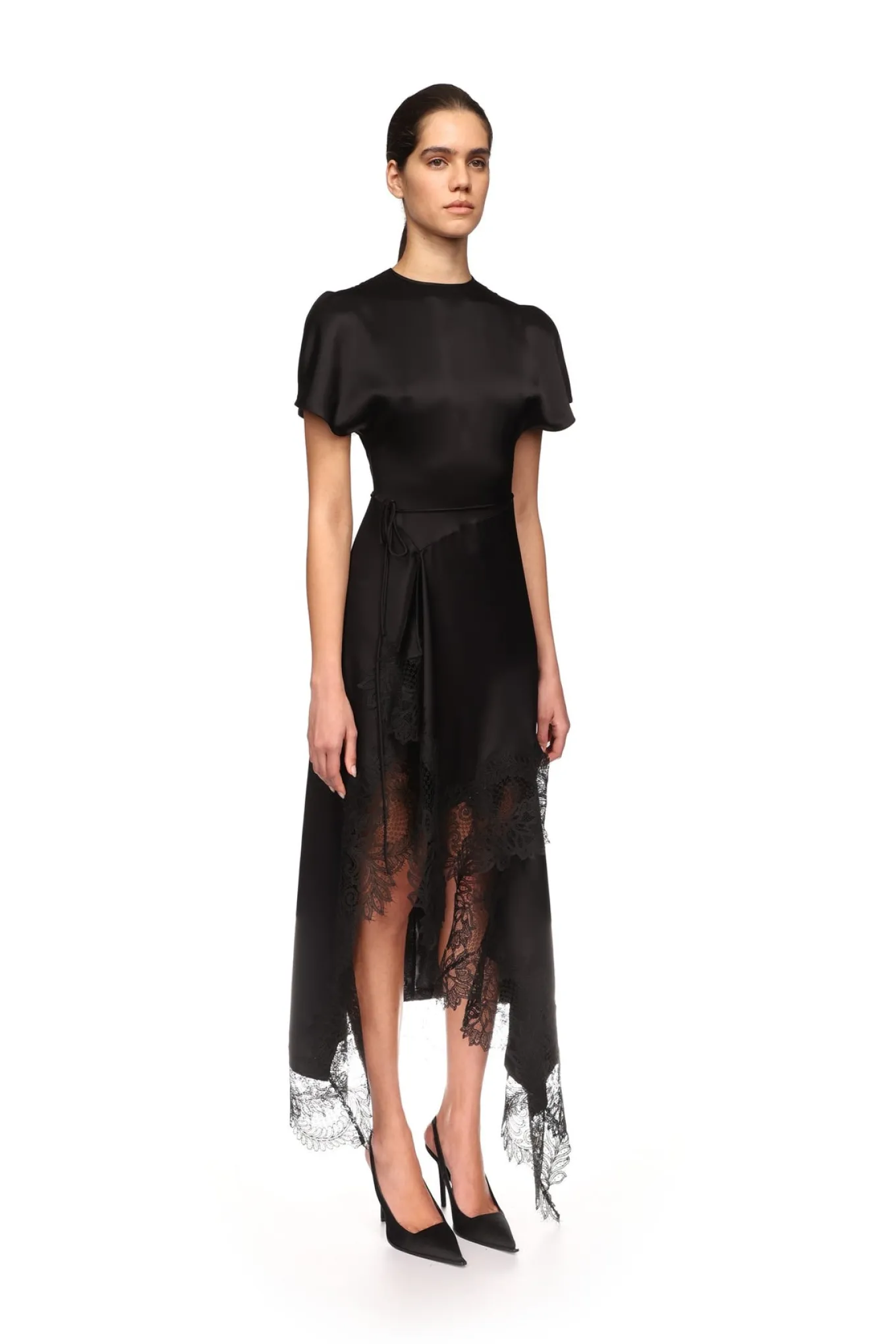 ASYMMETRIC LACE HEM SATIN MIDI DRESS