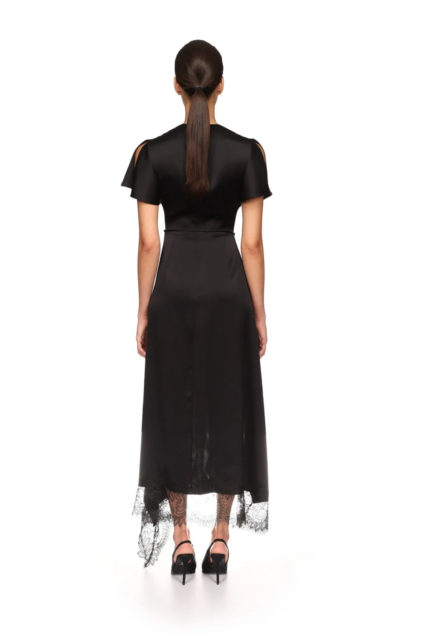 ASYMMETRIC LACE HEM SATIN MIDI DRESS