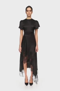 ASYMMETRIC LACE HEM SATIN MIDI DRESS