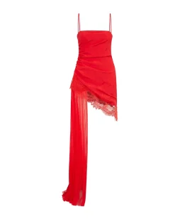 ASYMMETRIC PLEATED AND LACE HEM DRESS