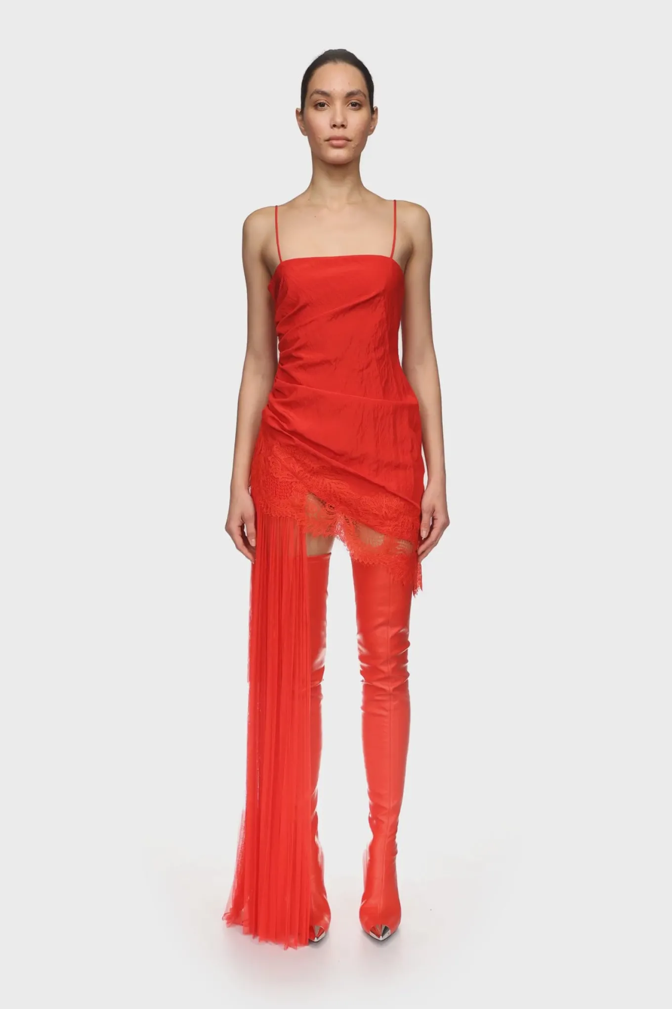 ASYMMETRIC PLEATED AND LACE HEM DRESS