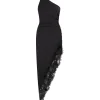 ASYMMETRIC RUCHED AND LACE MIDI DRESS