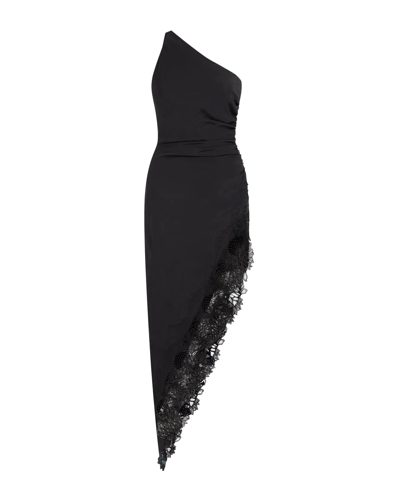 ASYMMETRIC RUCHED AND LACE MIDI DRESS