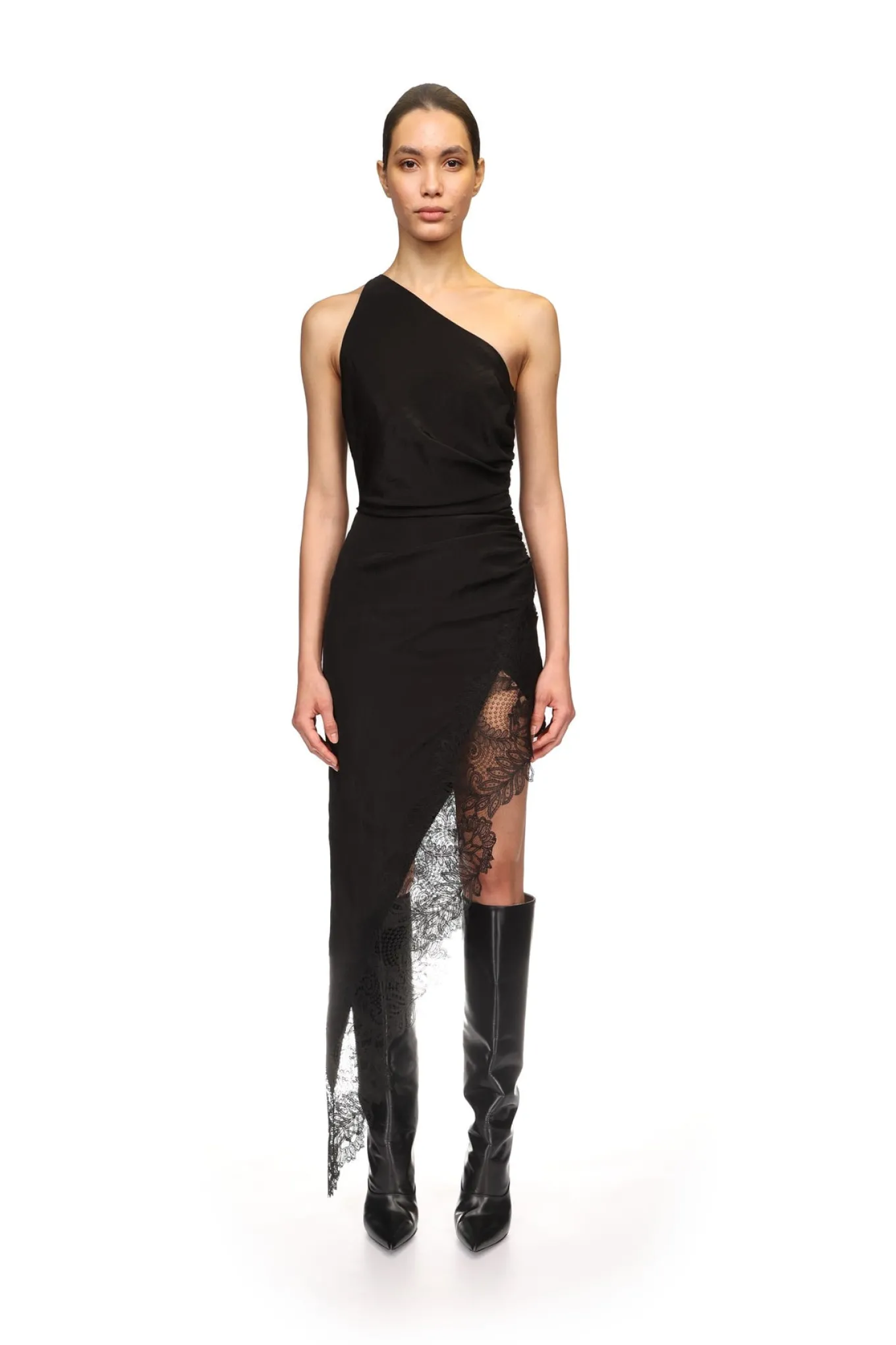 ASYMMETRIC RUCHED AND LACE MIDI DRESS