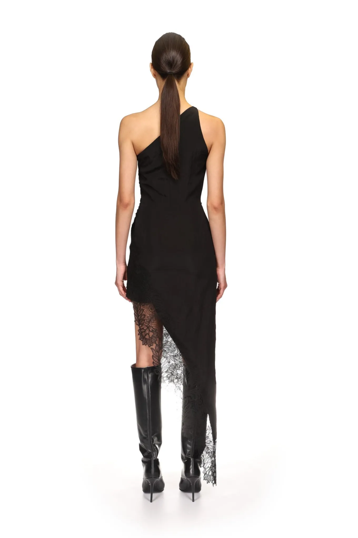 ASYMMETRIC RUCHED AND LACE MIDI DRESS