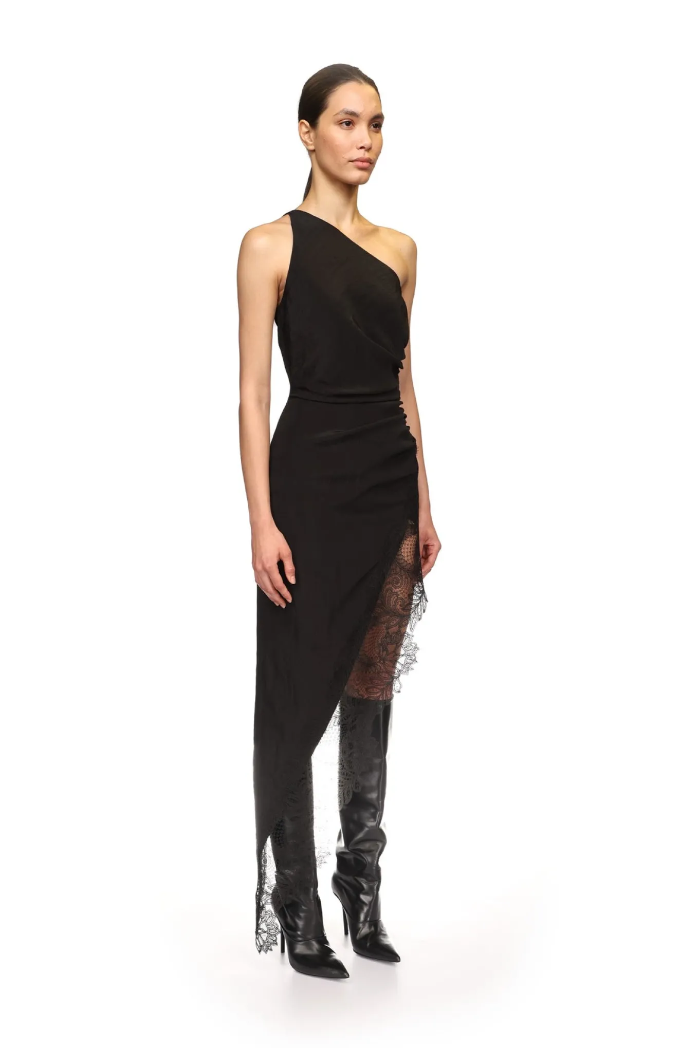 ASYMMETRIC RUCHED AND LACE MIDI DRESS
