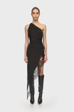 ASYMMETRIC RUCHED AND LACE MIDI DRESS