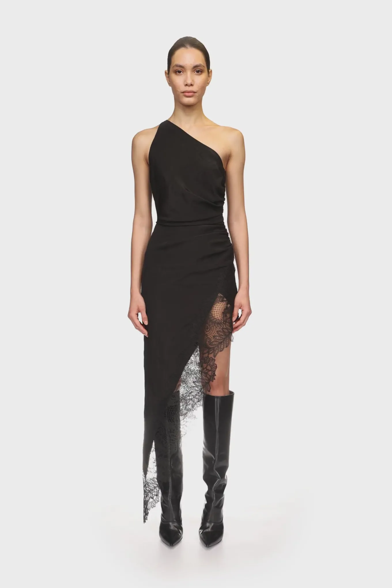 ASYMMETRIC RUCHED AND LACE MIDI DRESS