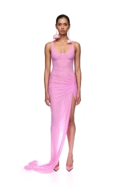 ASYMMETRIC RUCHED MESH GOWN