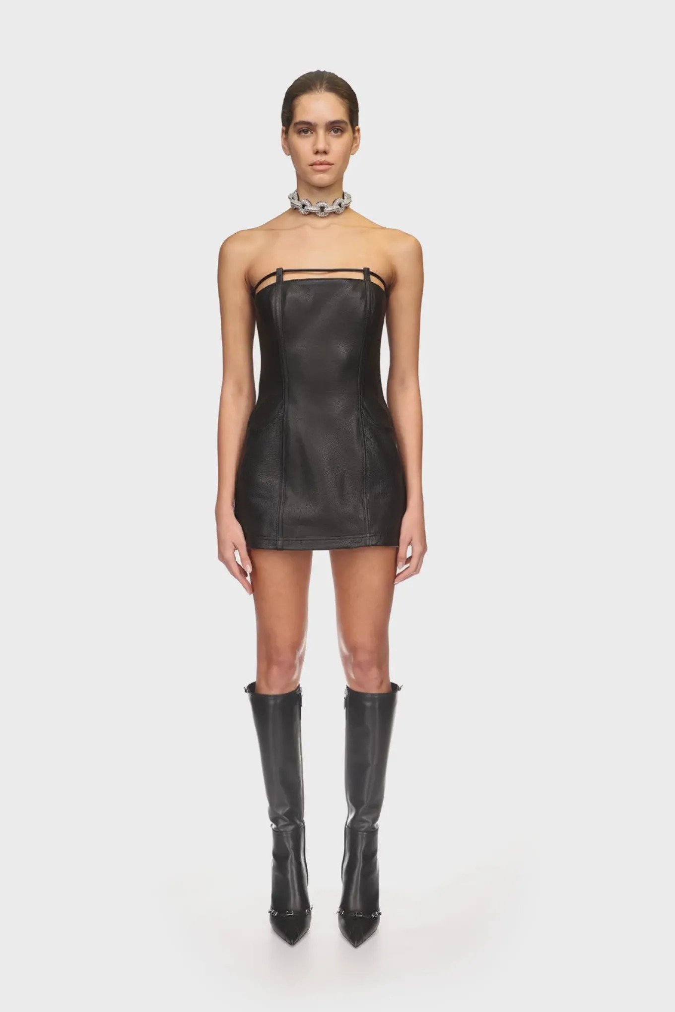 BACK POCKET DETAIL LEATHER MINI DRESS