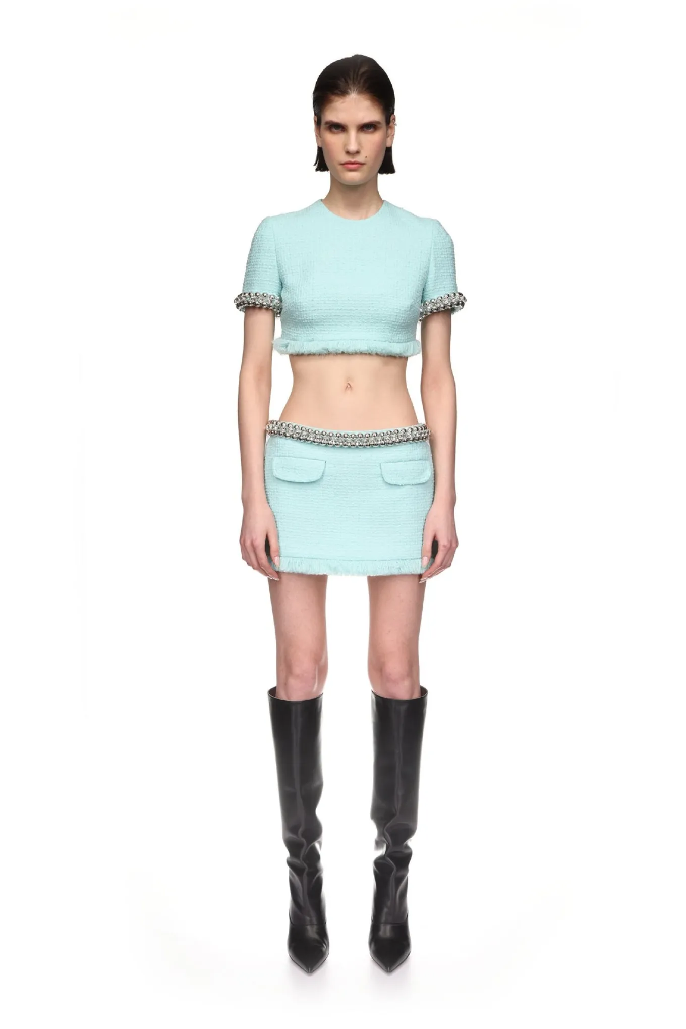 BOUCLE AND CRYSTAL CHAIN MINI SKIRT