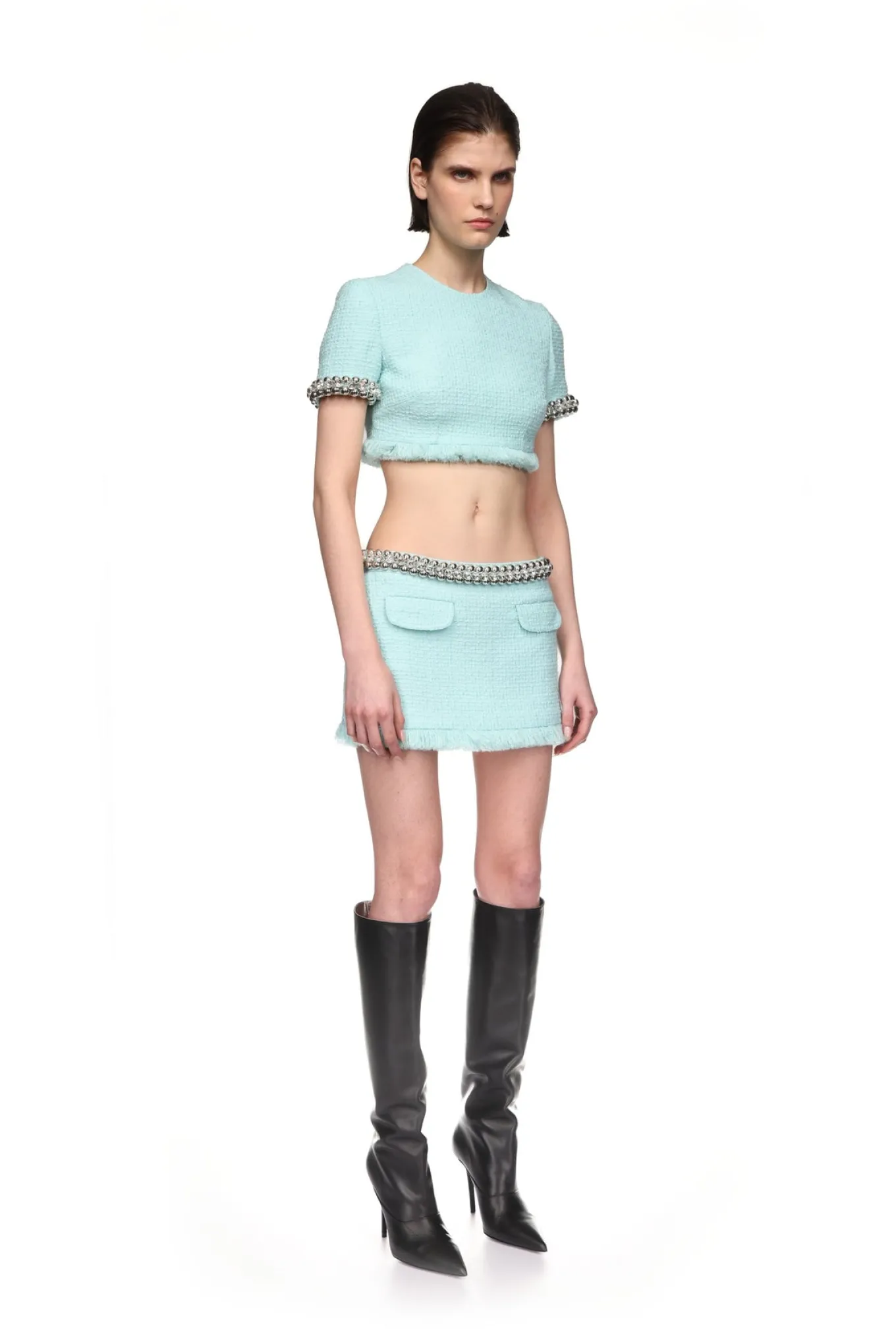 BOUCLE AND CRYSTAL CHAIN MINI SKIRT
