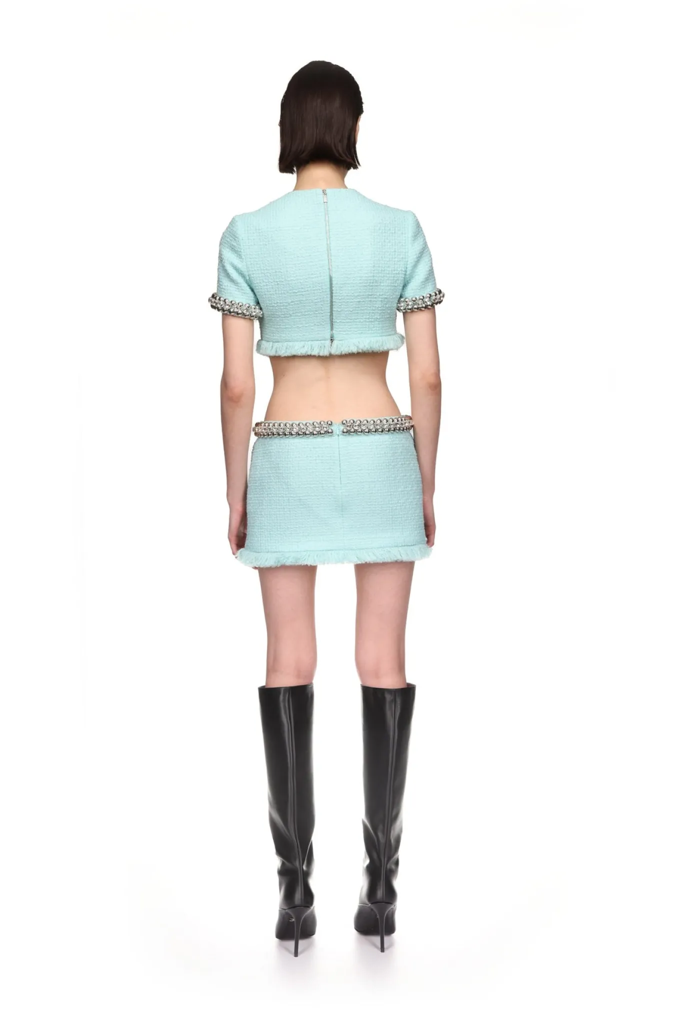 BOUCLE AND CRYSTAL CHAIN MINI SKIRT