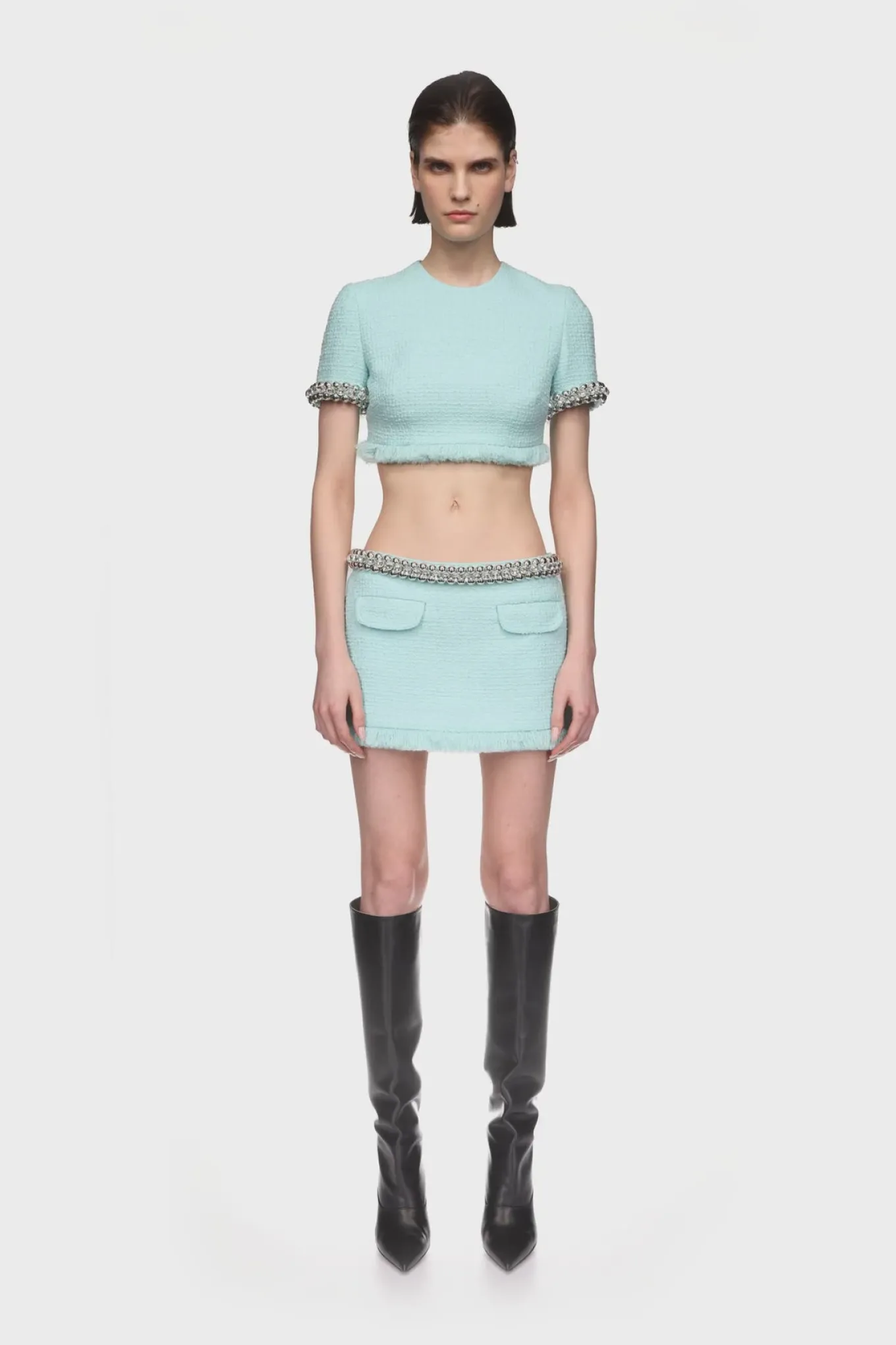 BOUCLE AND CRYSTAL CHAIN MINI SKIRT