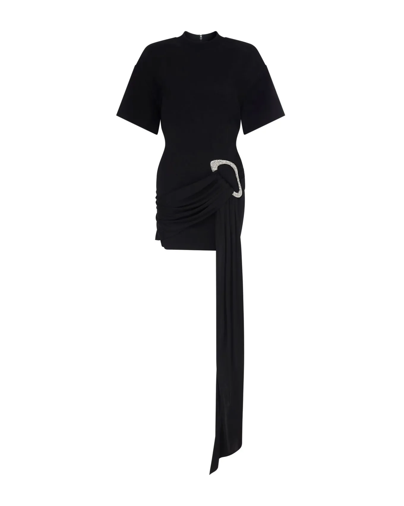 CRYSTAL BUCKLE AND DRAPE DETAIL MINI DRESS