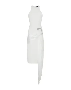 CRYSTAL BUCKLE AND DRAPE DETAIL MIDI DRESS