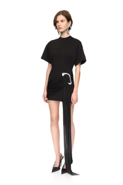 CRYSTAL BUCKLE AND DRAPE DETAIL MINI DRESS