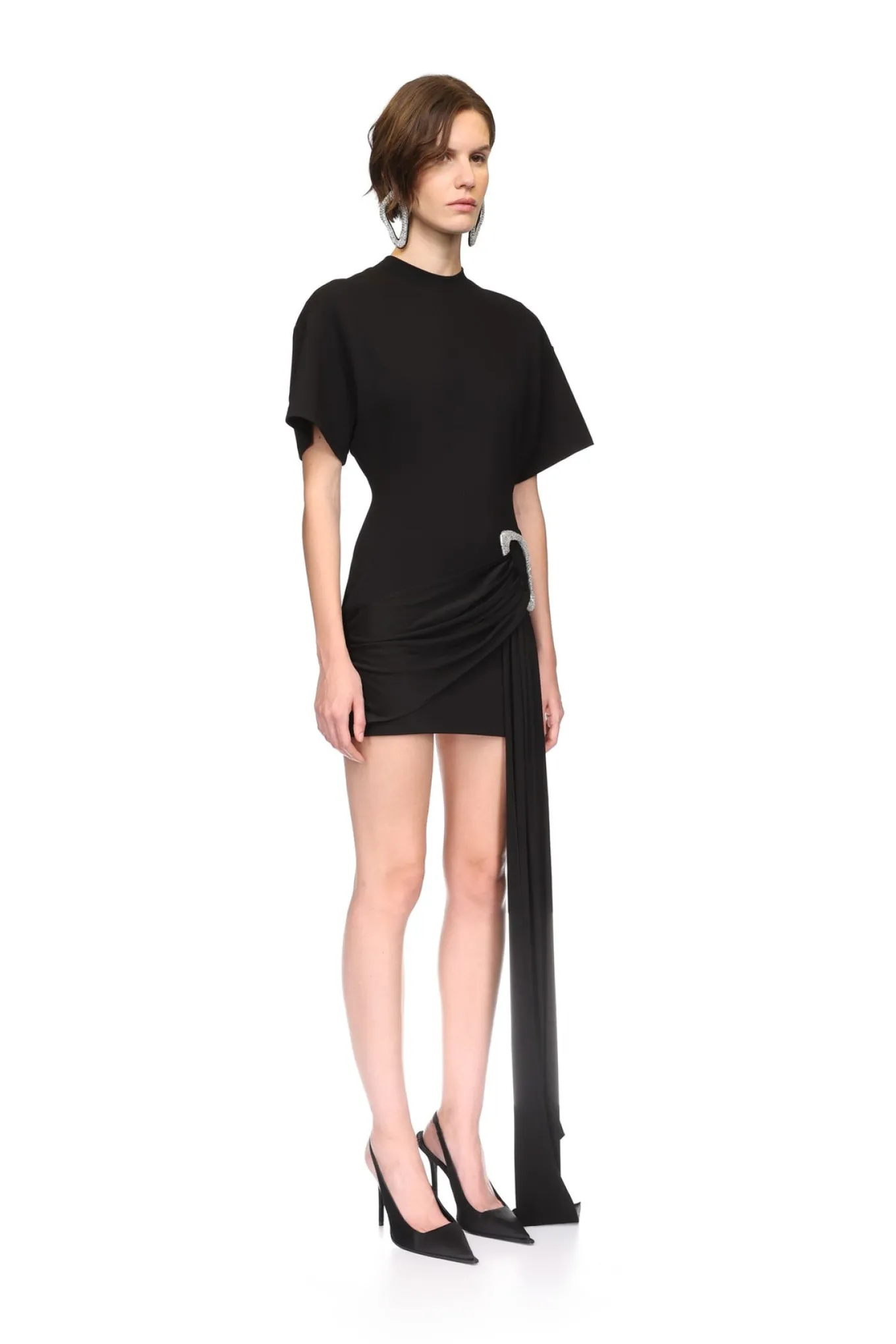 CRYSTAL BUCKLE AND DRAPE DETAIL MINI DRESS