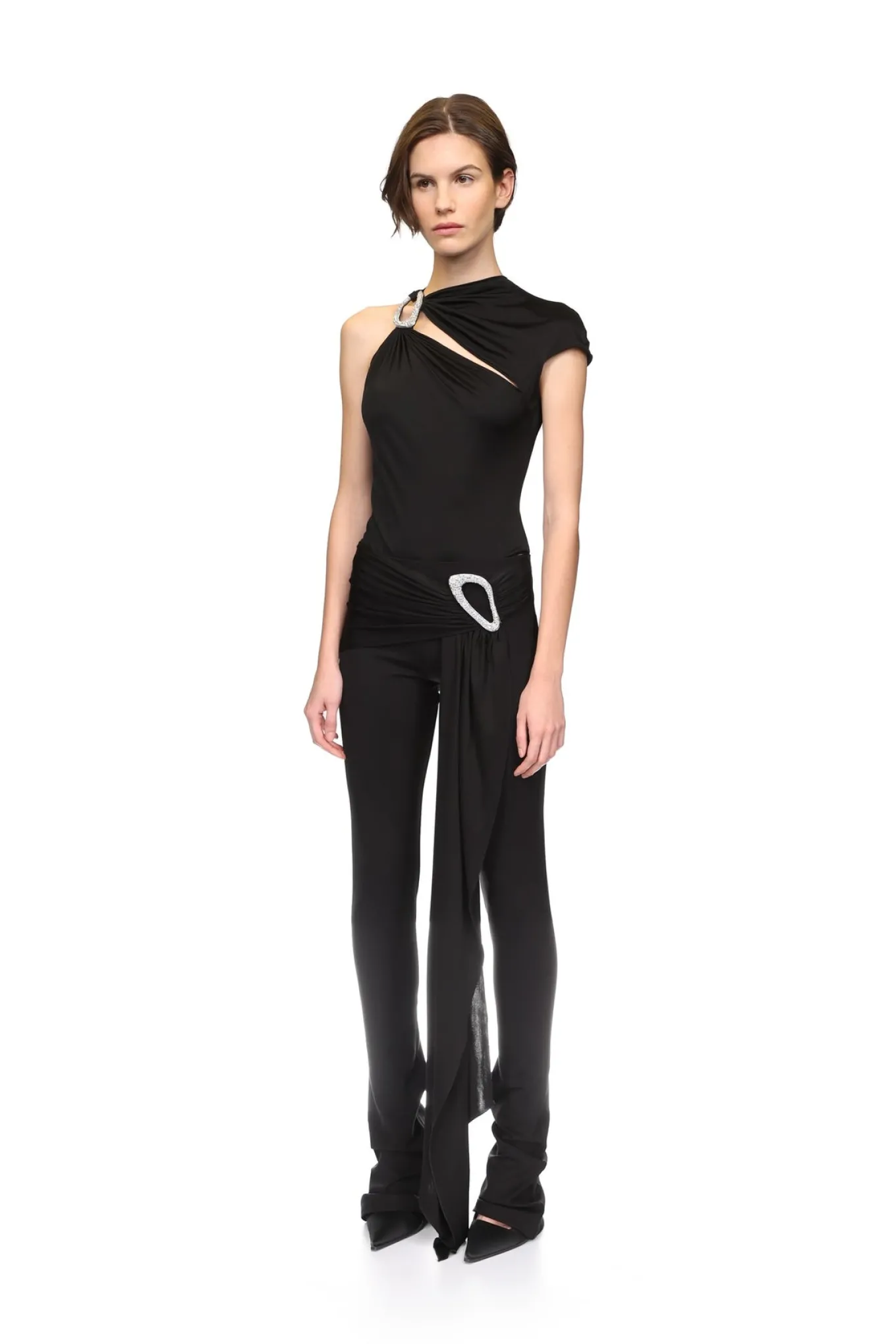 CRYSTAL BUCKLE EMBR & DRAPE OVERLAY TROUSERS