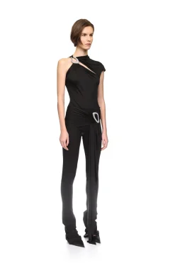 CRYSTAL BUCKLE EMBR & DRAPE OVERLAY TROUSERS