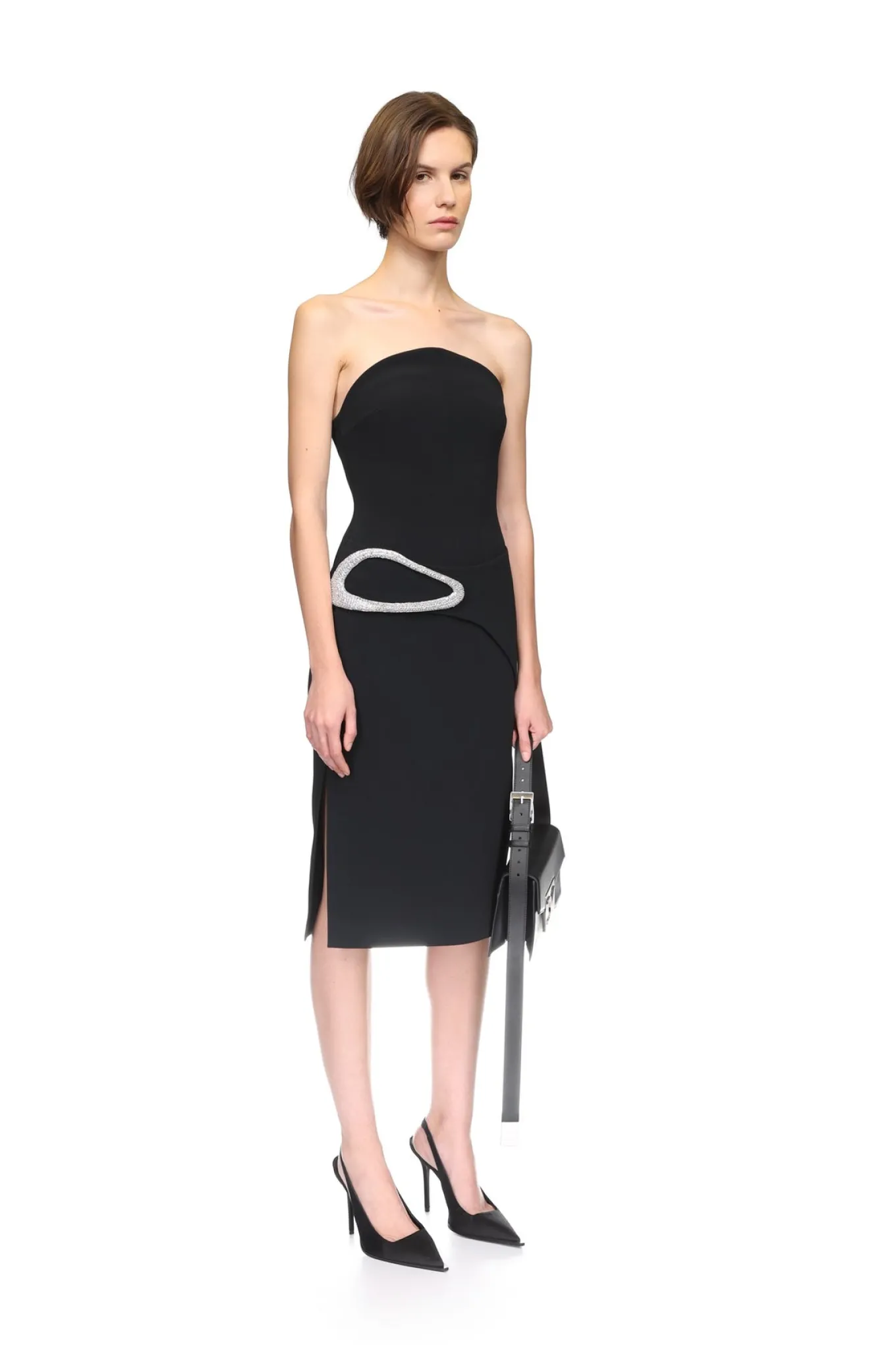 CRYSTAL BUCKLE STRAPLESS MIDI DRESS