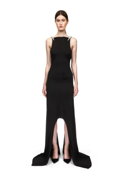 CRYSTAL CLAW DETAIL ASYMMETRIC HEM GOWN