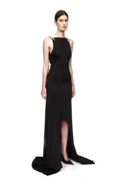 CRYSTAL CLAW DETAIL ASYMMETRIC HEM GOWN