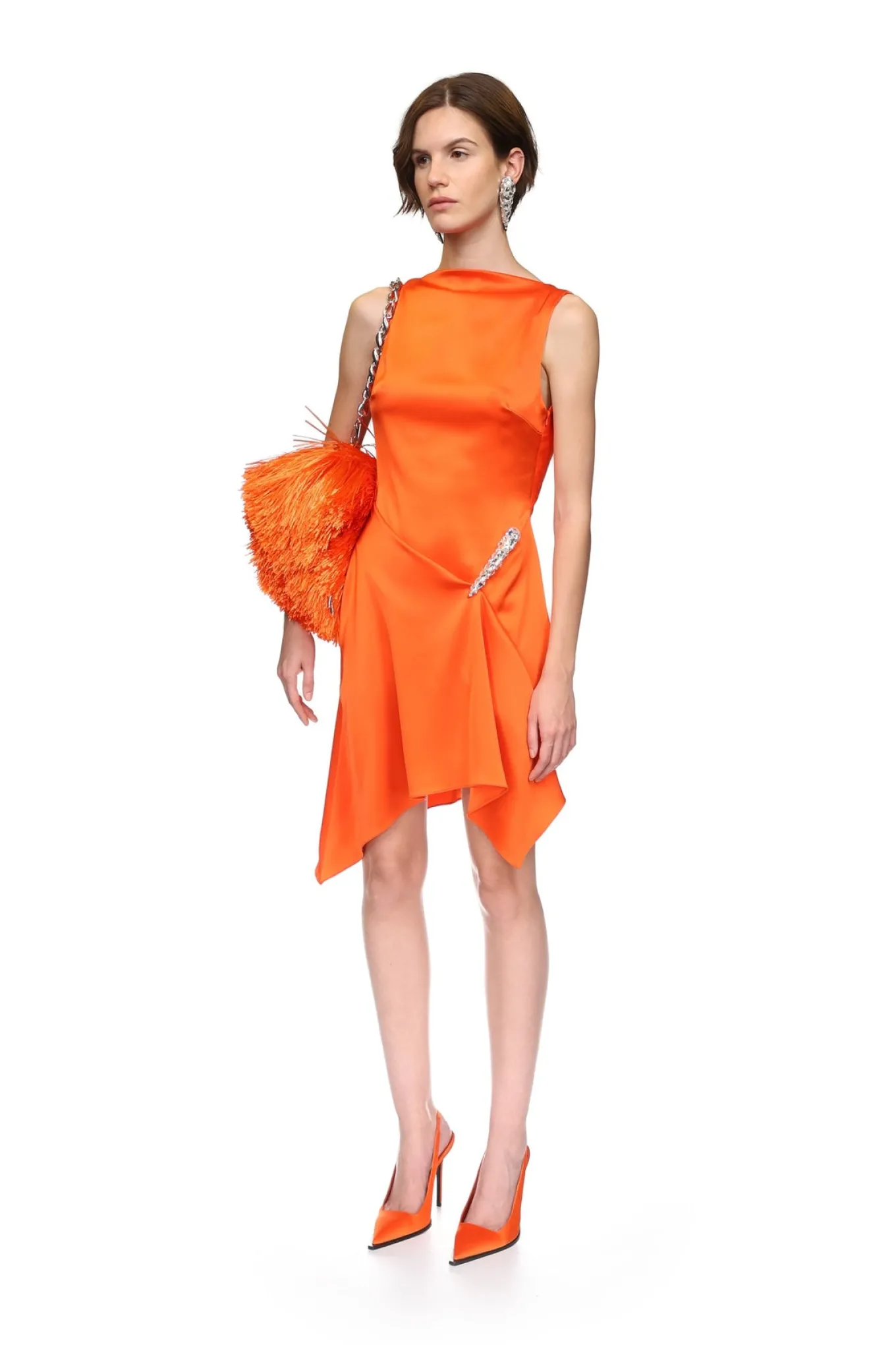 CRYSTAL CLAW DETAIL SLEEVELESS DRESS IN ORANGE