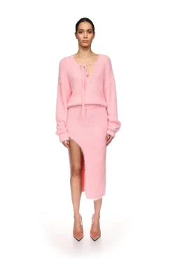 CRYSTAL EMBELLISHED KNIT MIDI SKIRT IN PINK