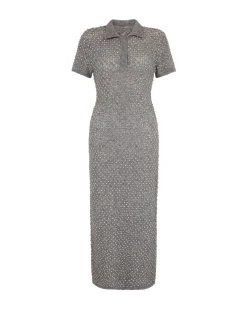 CRYSTAL EMBELLISHED POLO KNIT MIDI DRESS