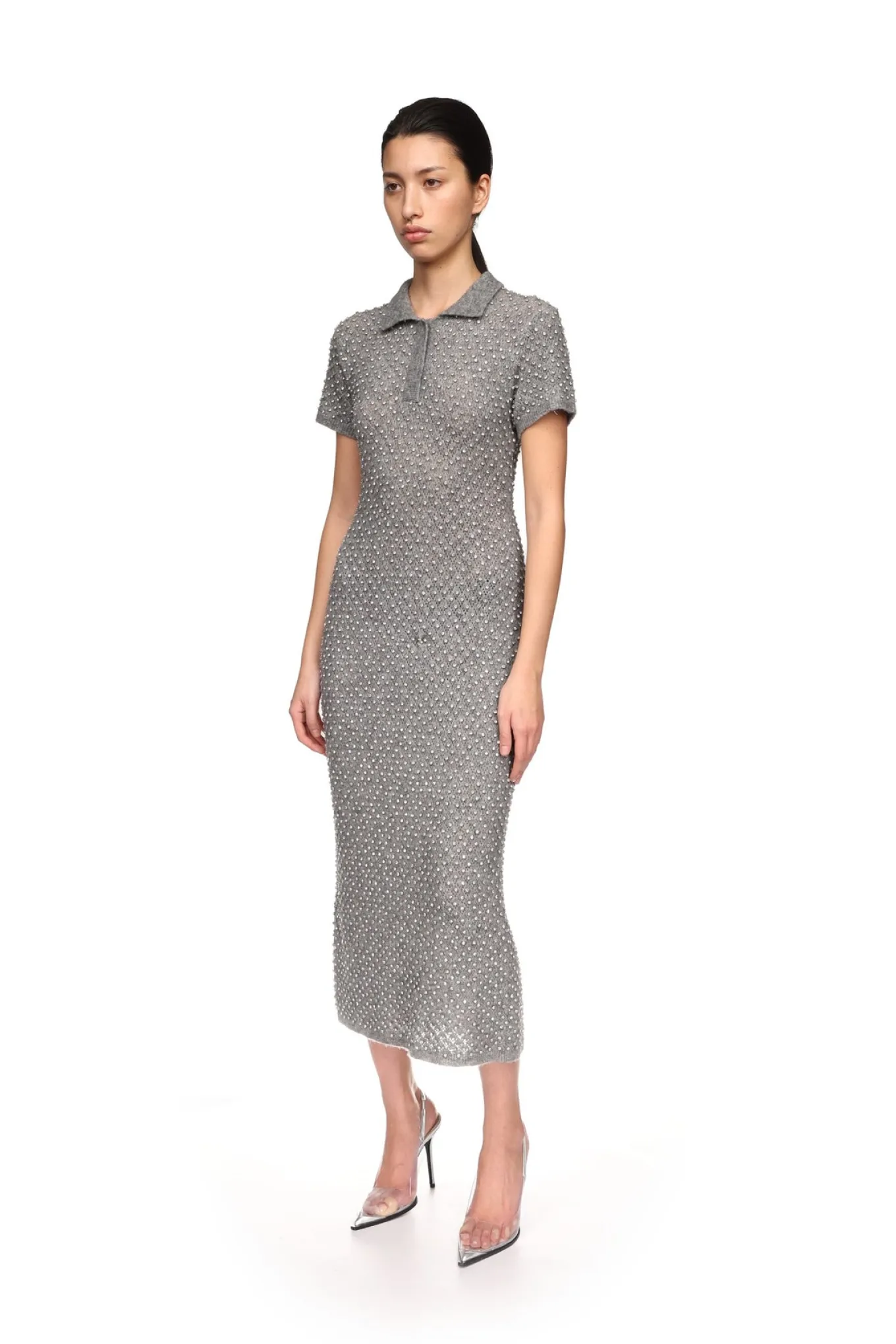 CRYSTAL EMBELLISHED POLO KNIT MIDI DRESS
