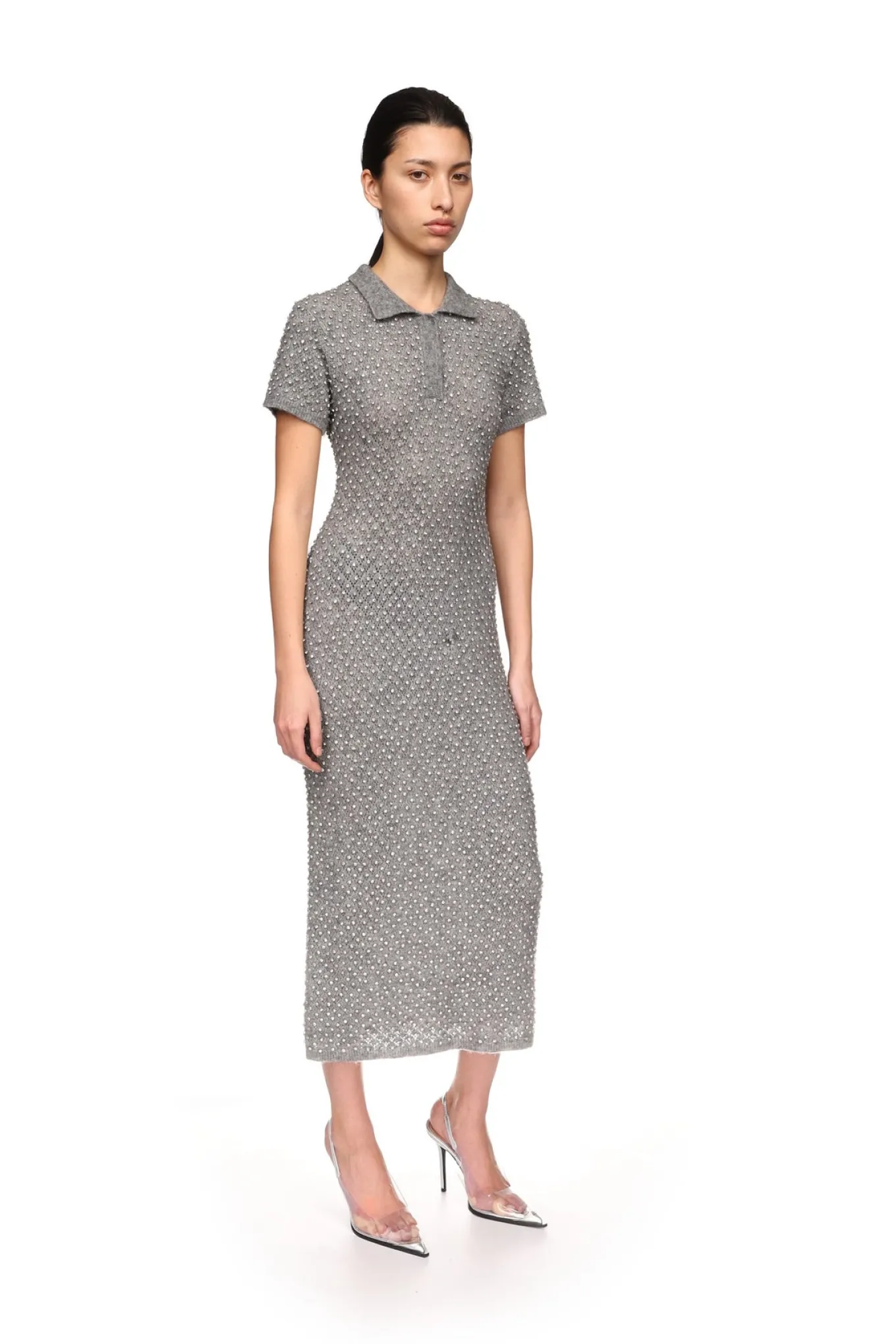 CRYSTAL EMBELLISHED POLO KNIT MIDI DRESS