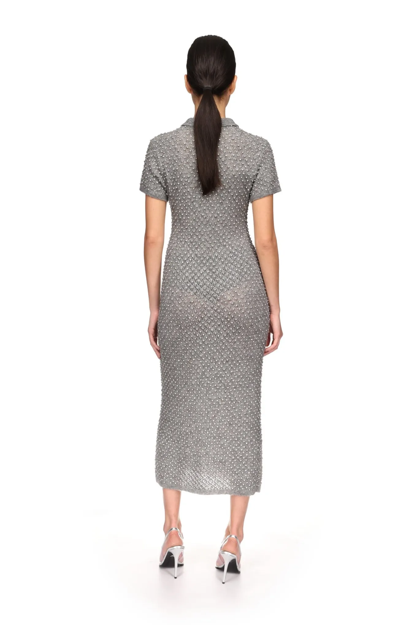 CRYSTAL EMBELLISHED POLO KNIT MIDI DRESS