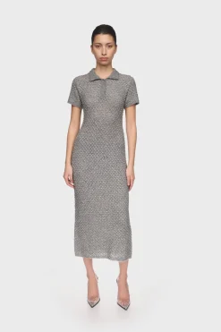 CRYSTAL EMBELLISHED POLO KNIT MIDI DRESS