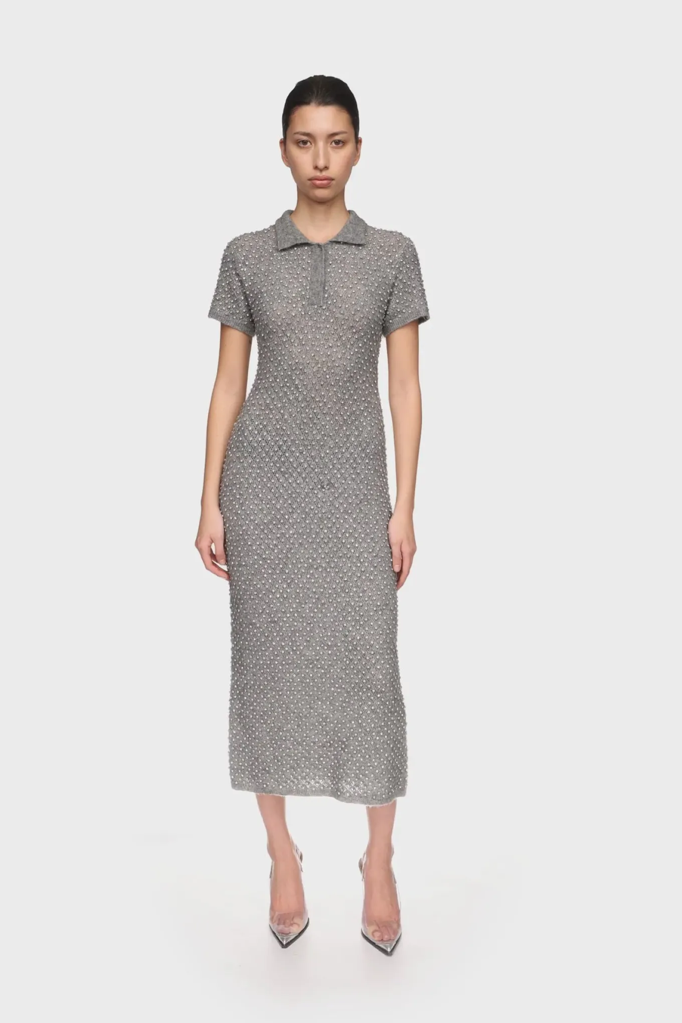 CRYSTAL EMBELLISHED POLO KNIT MIDI DRESS
