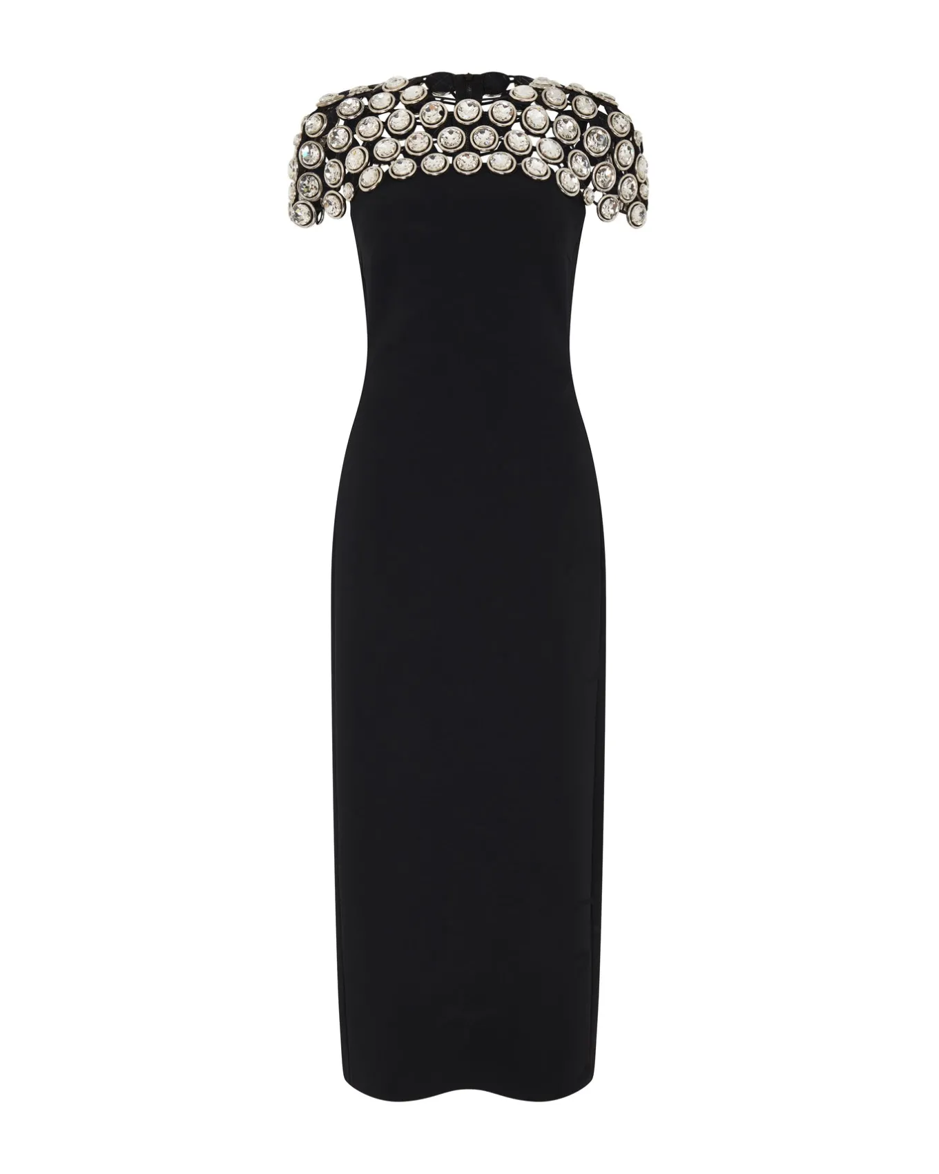 CRYSTAL EMBROIDERED CAP SLEEVE MIDI DRESS