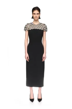 CRYSTAL EMBROIDERED CAP SLEEVE MIDI DRESS