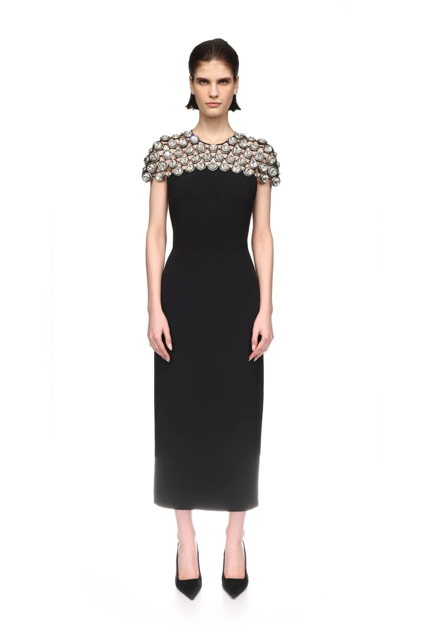 CRYSTAL EMBROIDERED CAP SLEEVE MIDI DRESS