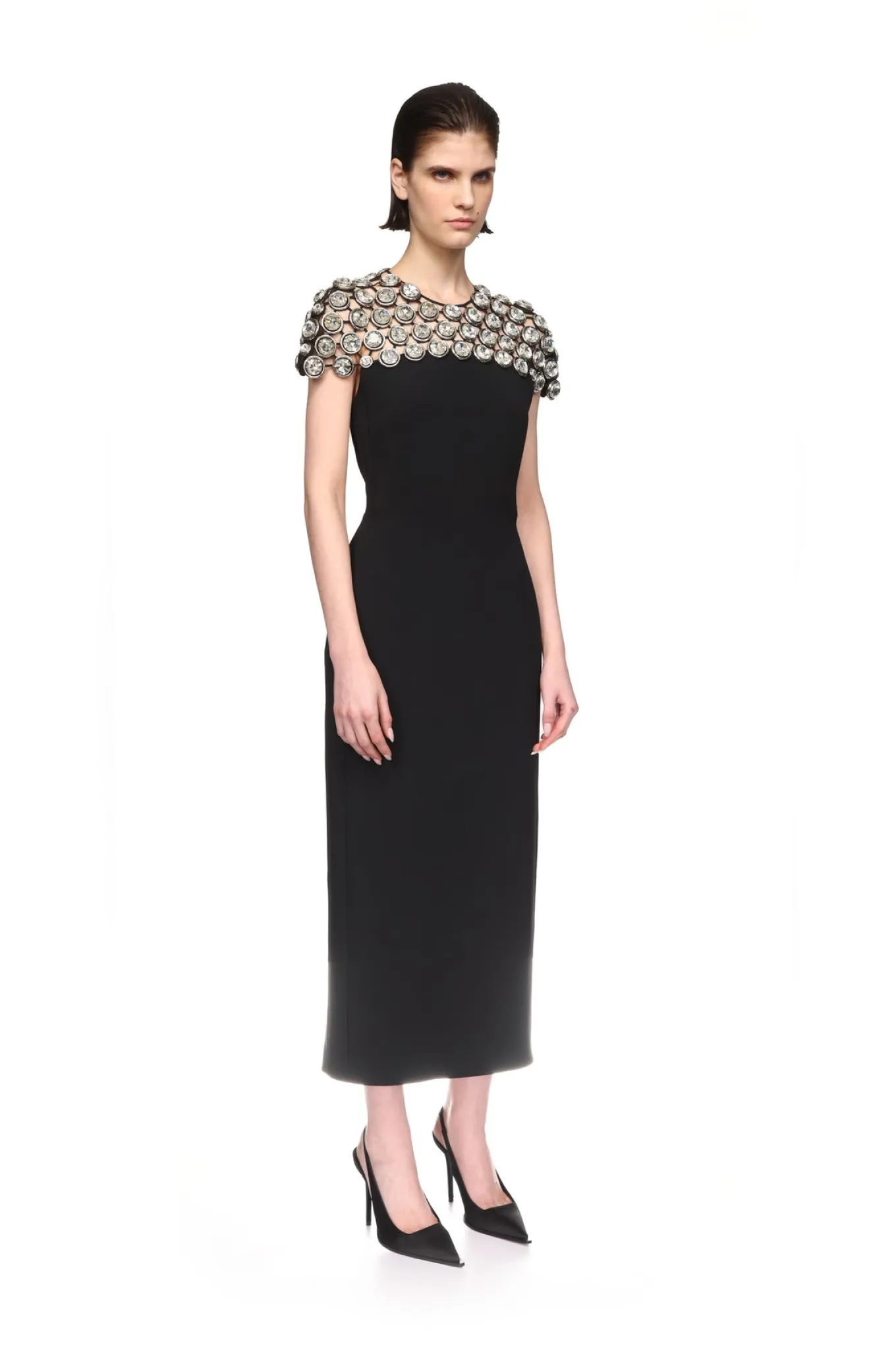 CRYSTAL EMBROIDERED CAP SLEEVE MIDI DRESS