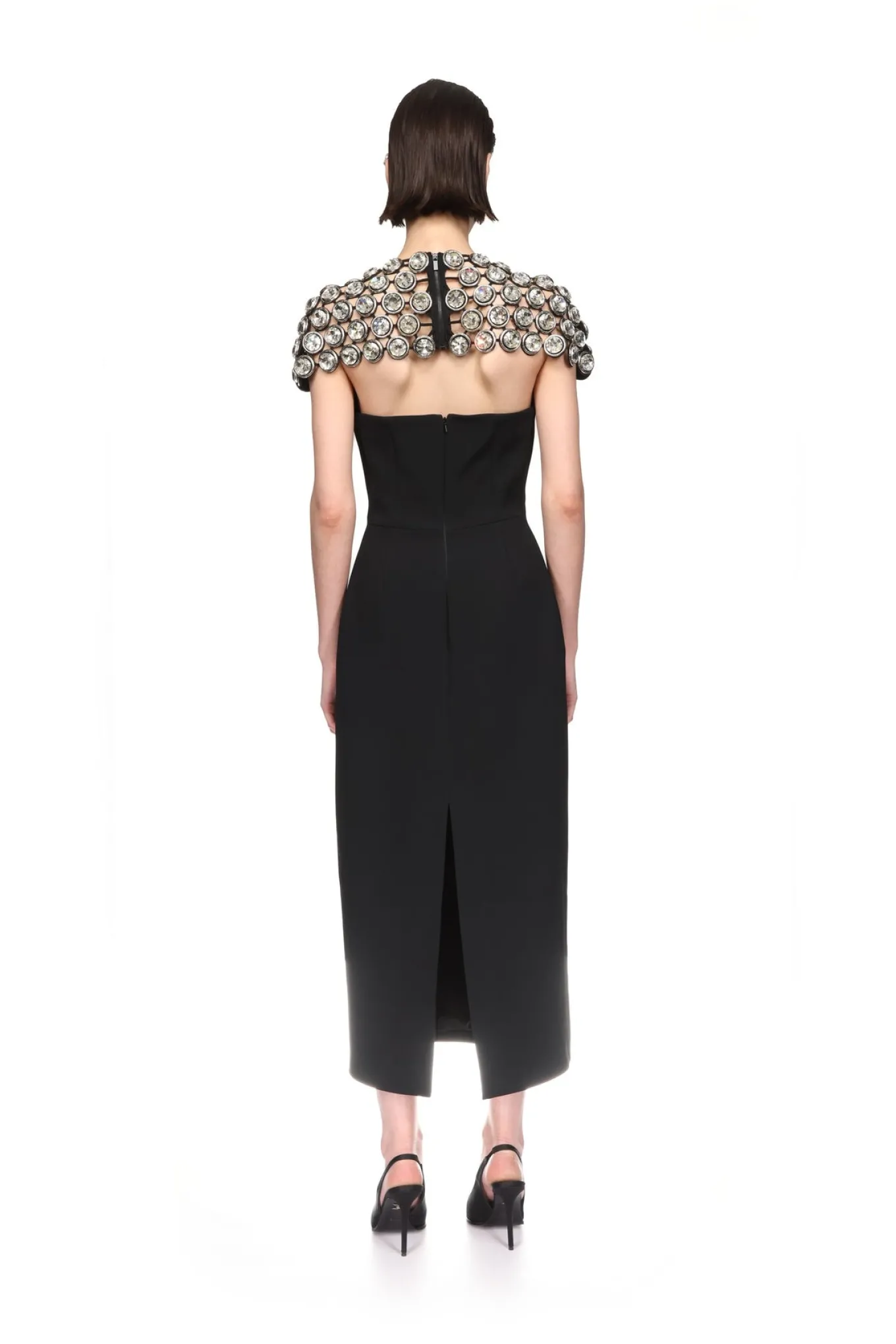 CRYSTAL EMBROIDERED CAP SLEEVE MIDI DRESS