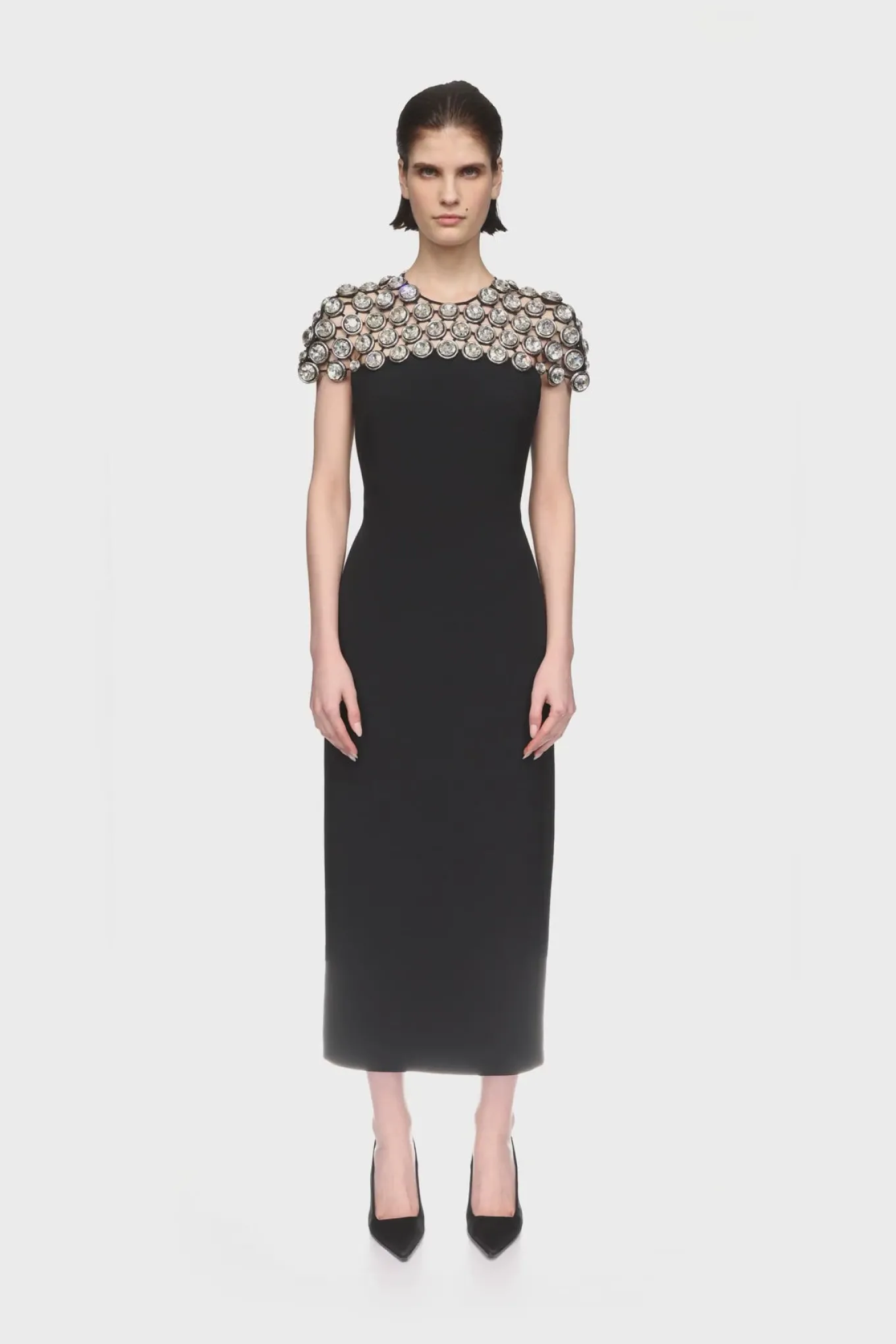 CRYSTAL EMBROIDERED CAP SLEEVE MIDI DRESS