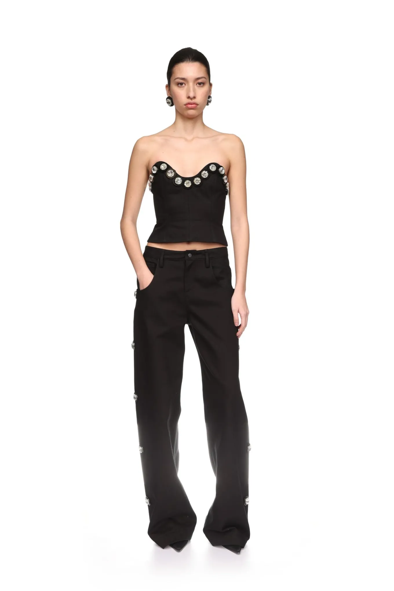 CRYSTAL EMBROIDERED DENIM TROUSERS