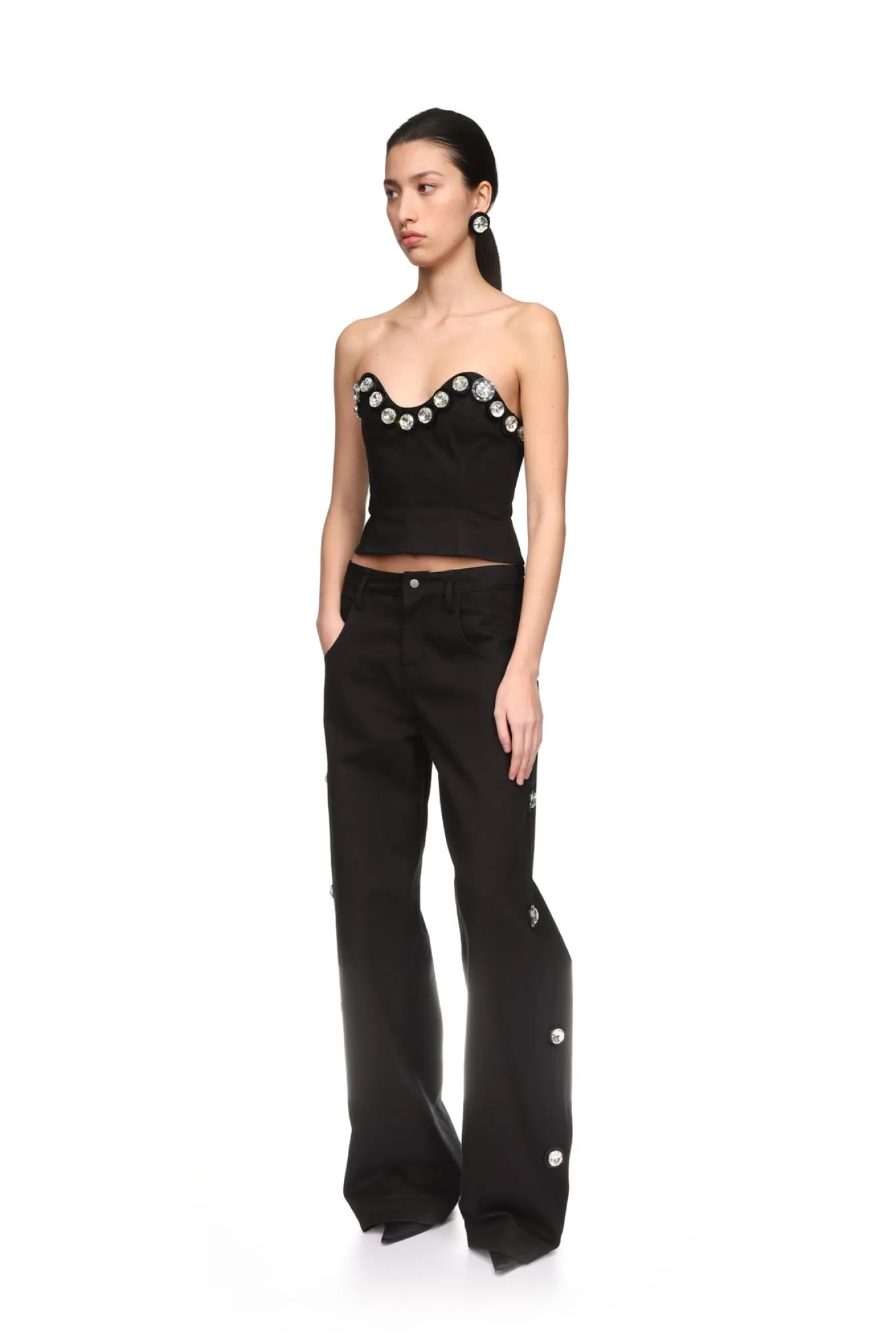 CRYSTAL EMBROIDERED DENIM TROUSERS